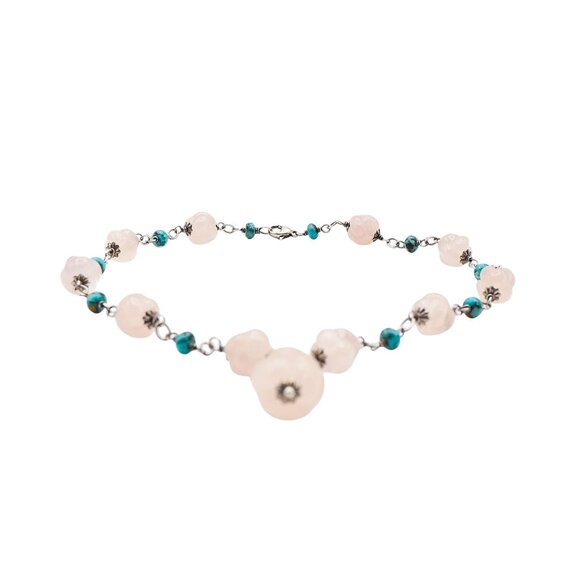 Vintage Floral Carved Rose Quartz & Turquoise Beaded Sterling Silver Necklace 16 - Picture 4 of 5